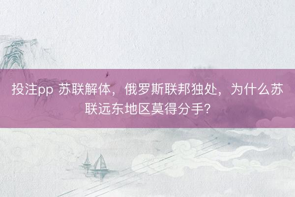 投注pp 苏联解体，俄罗斯联邦独处，为什么苏联远东地区莫得分手？